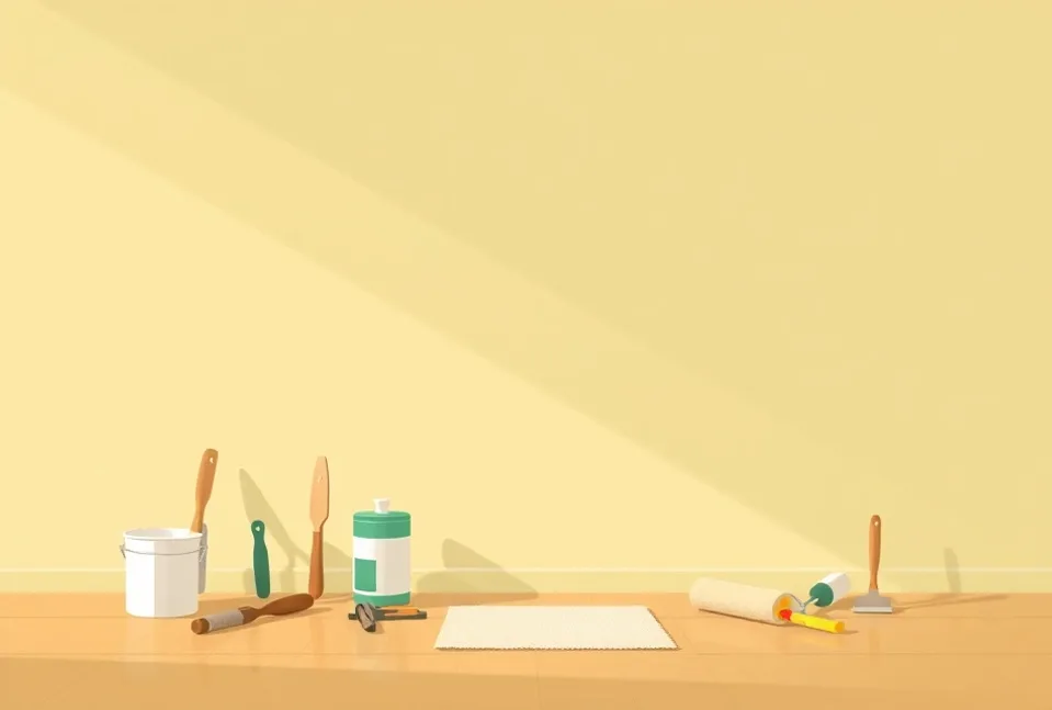 Outils de peinture disposés dans l'ordre des étapes du chantier