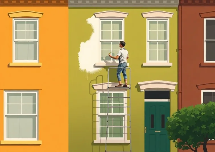 Peintre sur échafaudage traitant la façade d'une maison