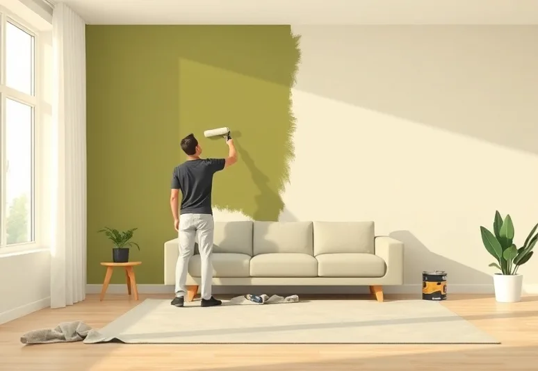 Peintre appliquant la peinture au rouleau sur un mur de salon